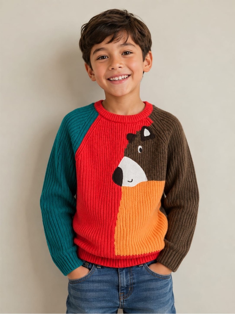 Kids Color Block Bear Sweater